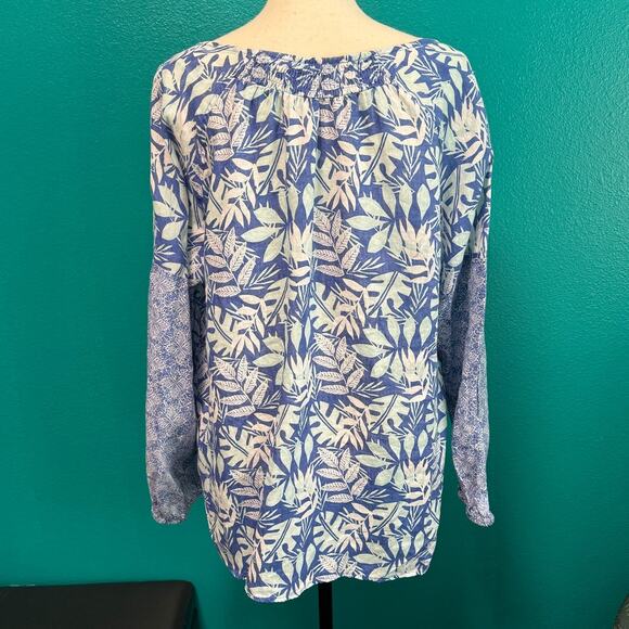 Sigrid Olsen 100% Linen Blue Botanical Long Sleeve Peasant Blouse Women's Large - Picture 5 of 10